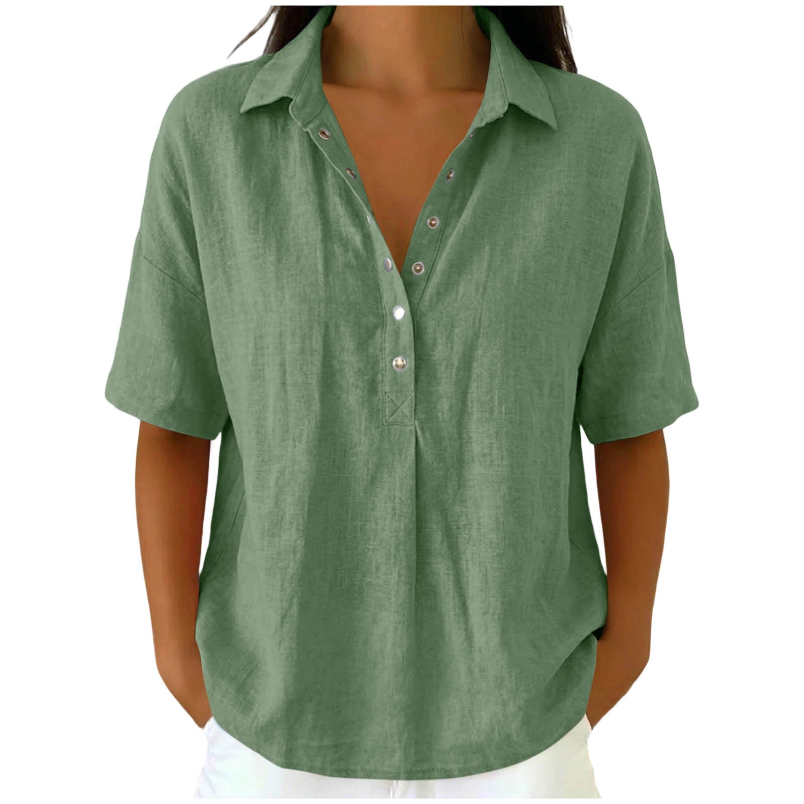 Loose Fit Linen Blend Lapel Short Sleeve Casual Shirt For Women