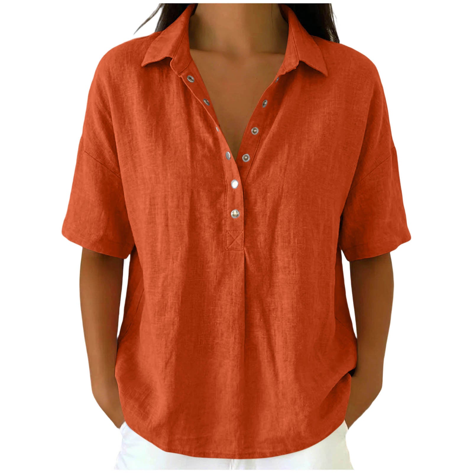 Loose Fit Linen Blend Lapel Short Sleeve Casual Shirt For Women