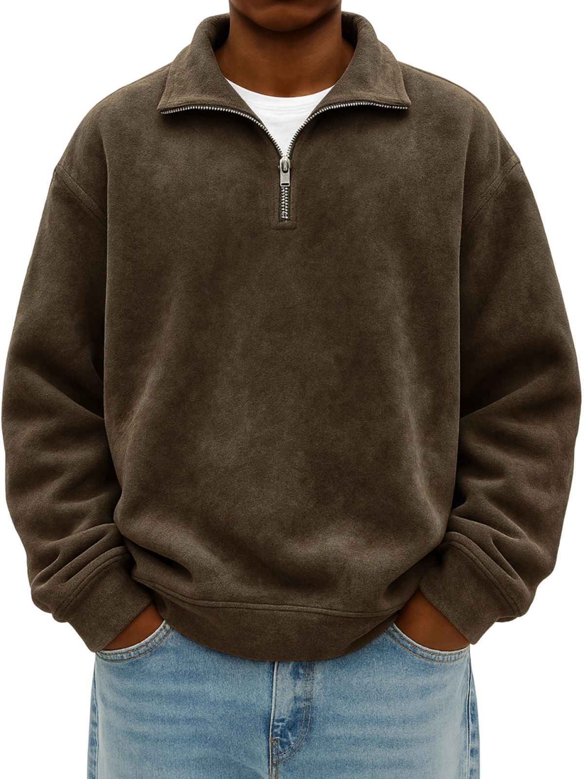 Autumn Men Half Zip Pullover Sweatshirt Soft Fleece Casual Loose Fit Top