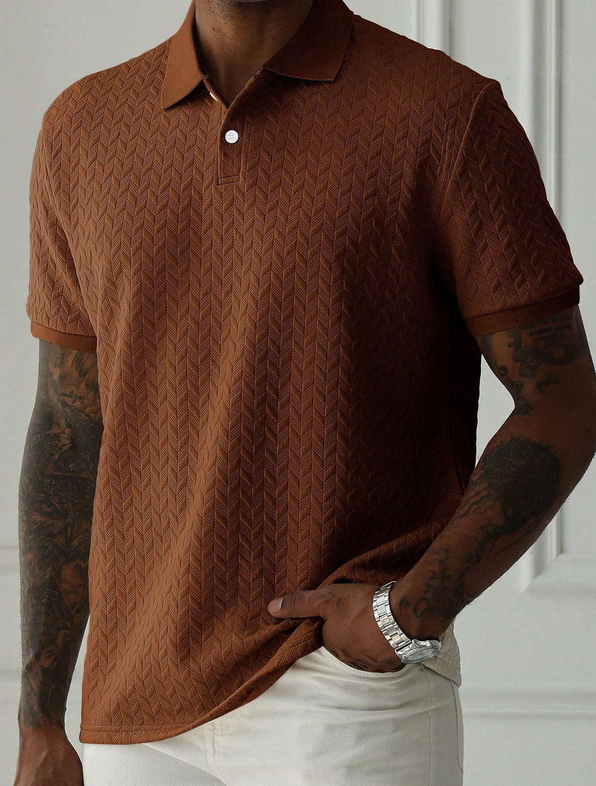 Mens Braided Jacquard Polo Shirt Short Sleeve Lapel Casual Shirts