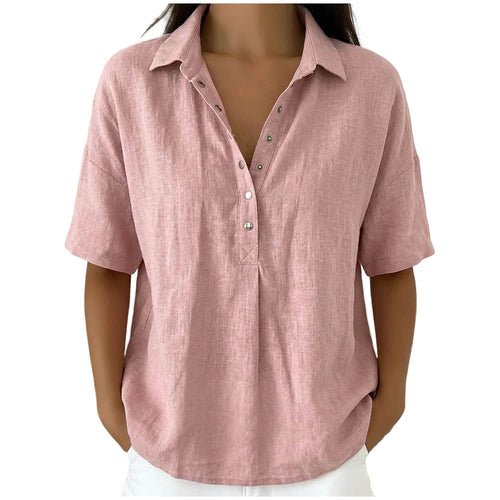 Loose Fit Linen Blend Lapel Short Sleeve Casual Shirt For Women