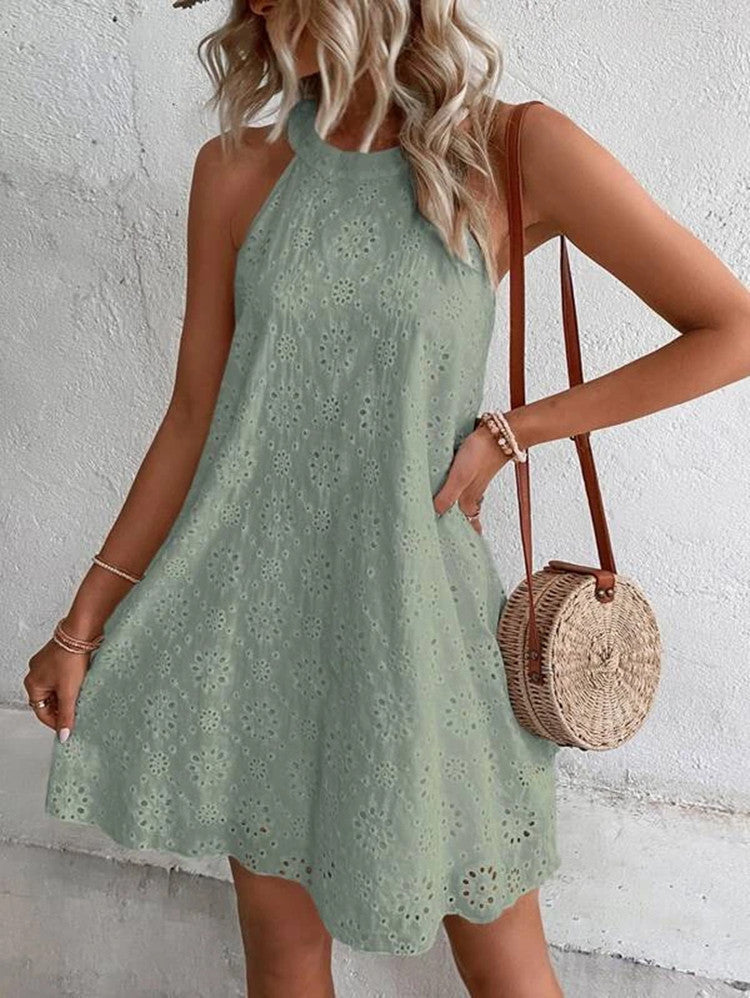 Halter Neck Sleeveless Hollow Out Eyelet Mini Summer Dress