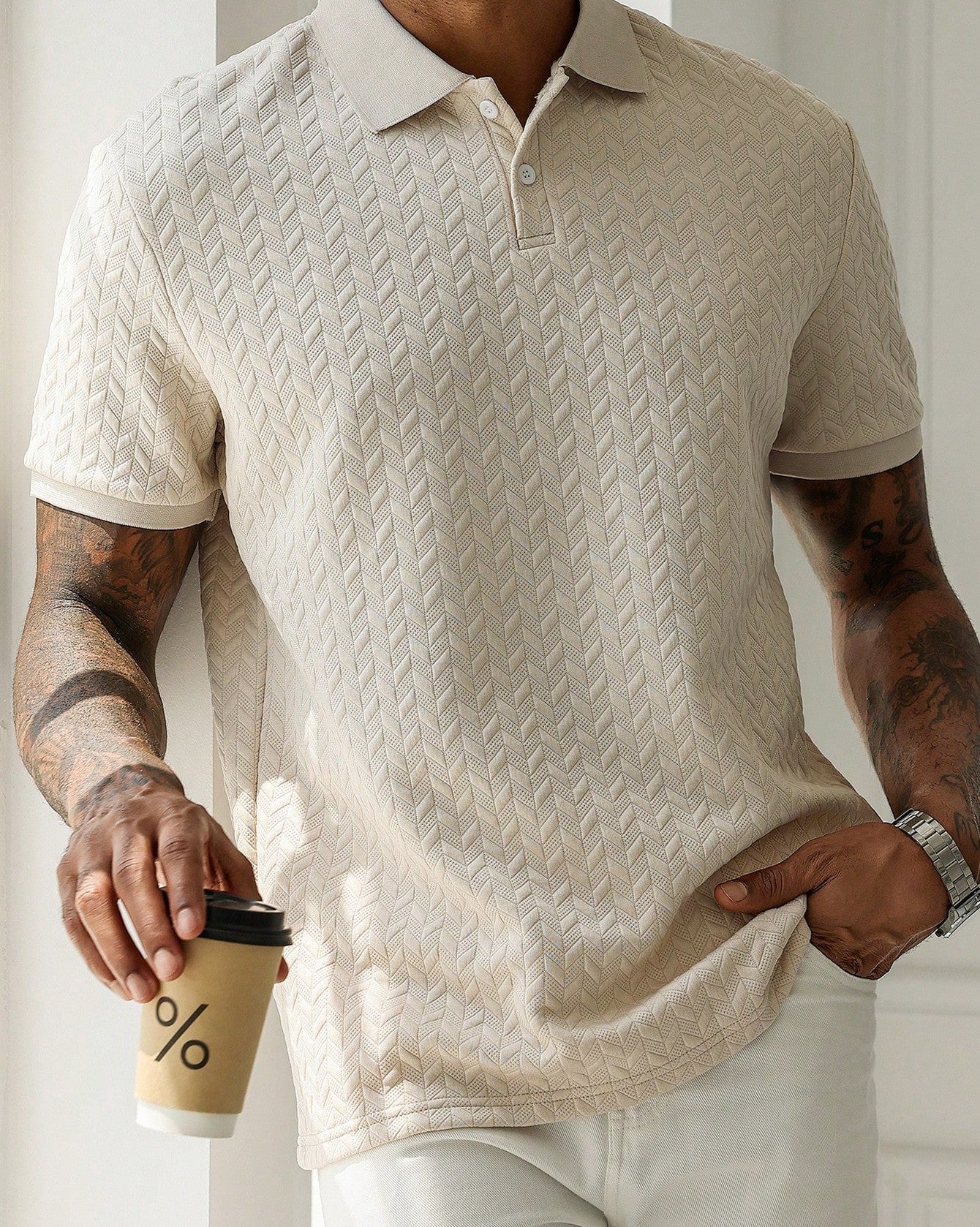 Mens Braided Jacquard Polo Shirt Short Sleeve Lapel Casual Shirts