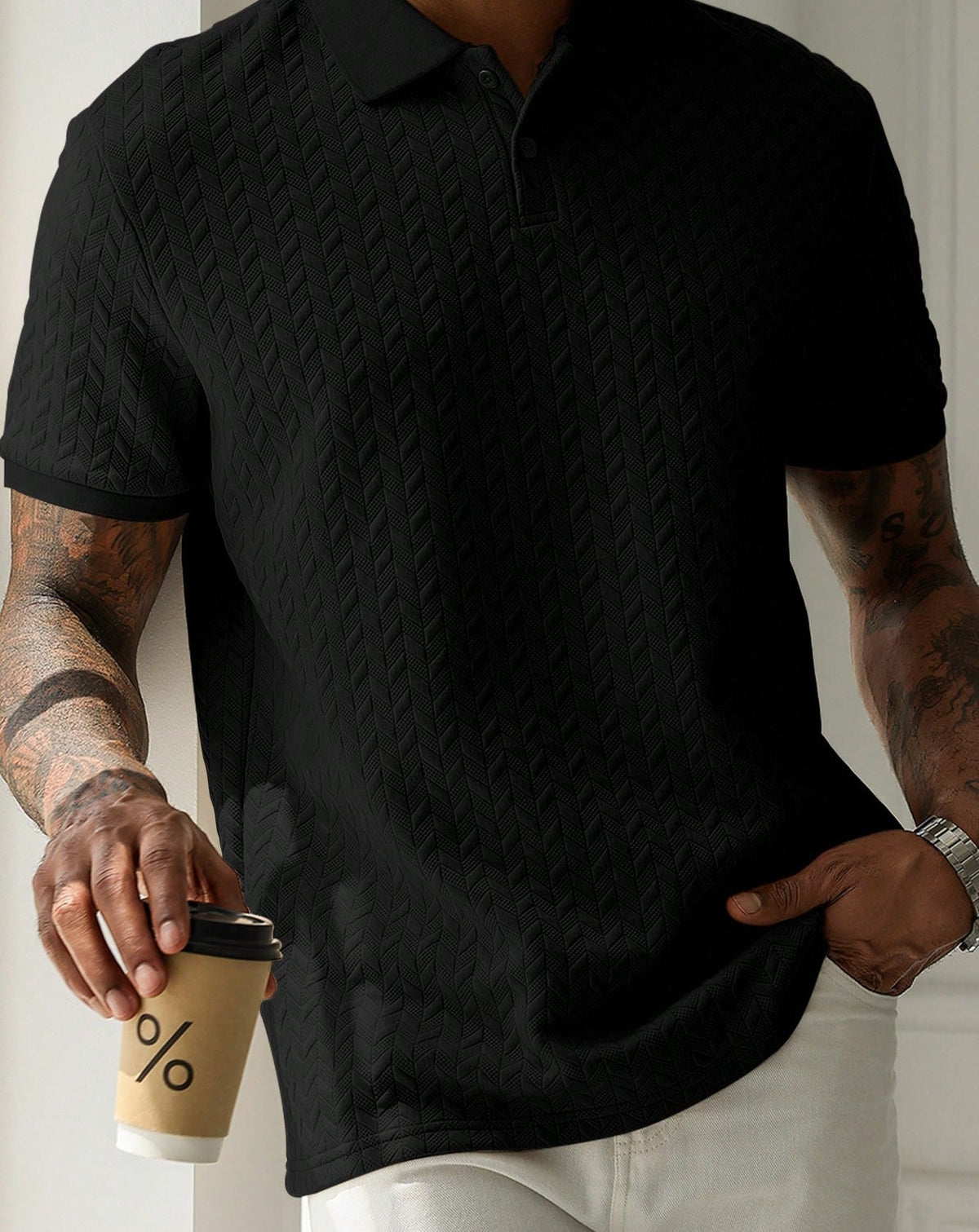 Mens Braided Jacquard Polo Shirt Short Sleeve Lapel Casual Shirts