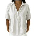Loose Fit Linen Blend Lapel Short Sleeve Casual Shirt For Women