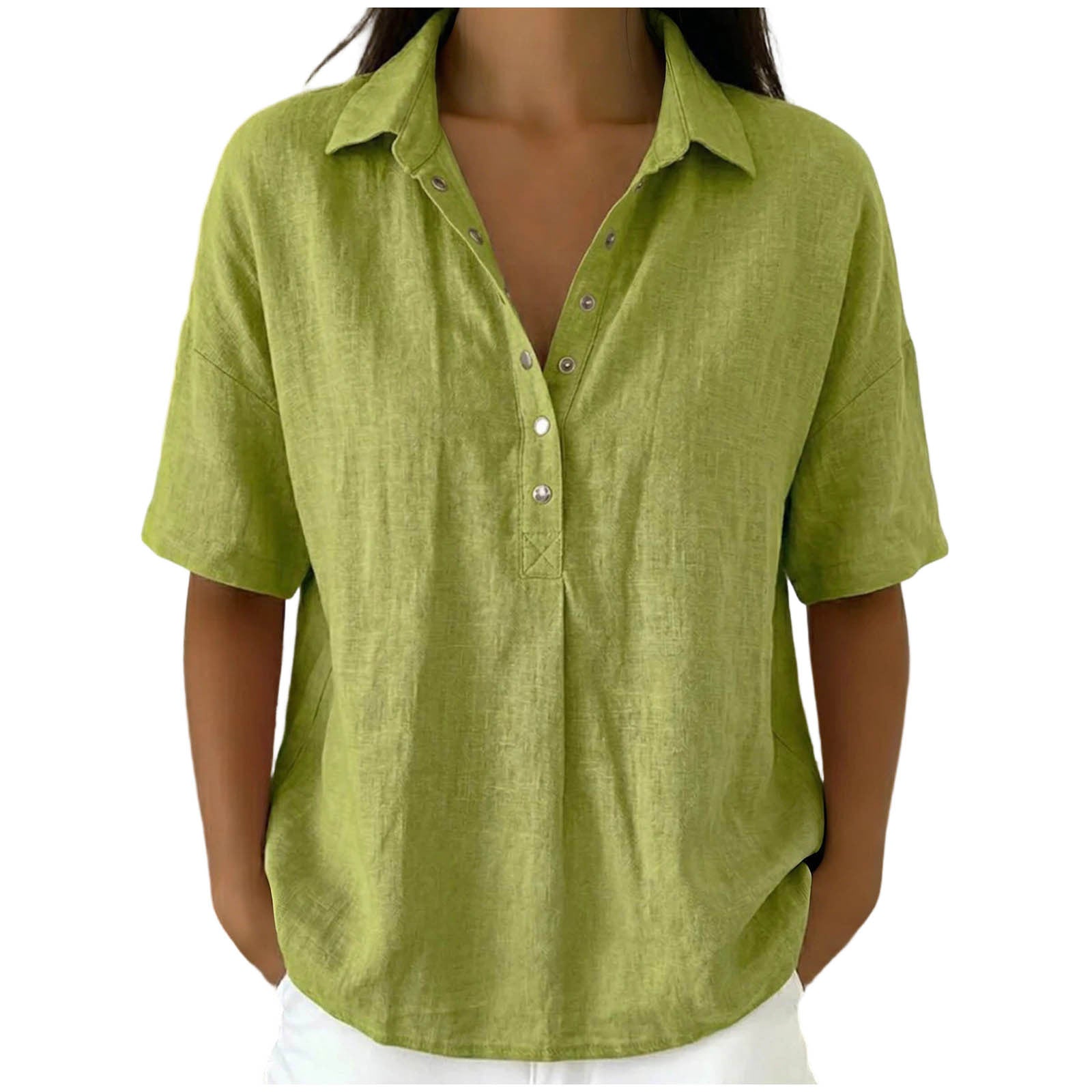 Loose Fit Linen Blend Lapel Short Sleeve Casual Shirt For Women