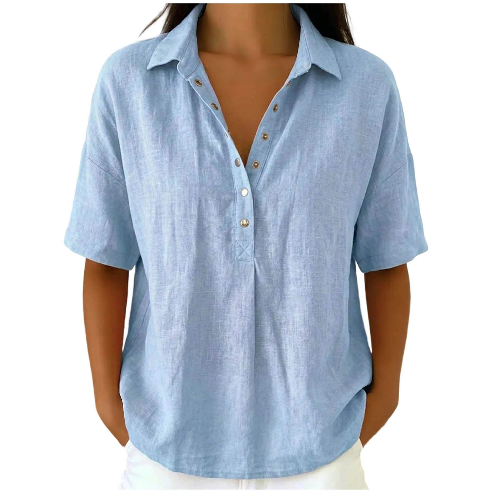 Loose Fit Linen Blend Lapel Short Sleeve Casual Shirt For Women