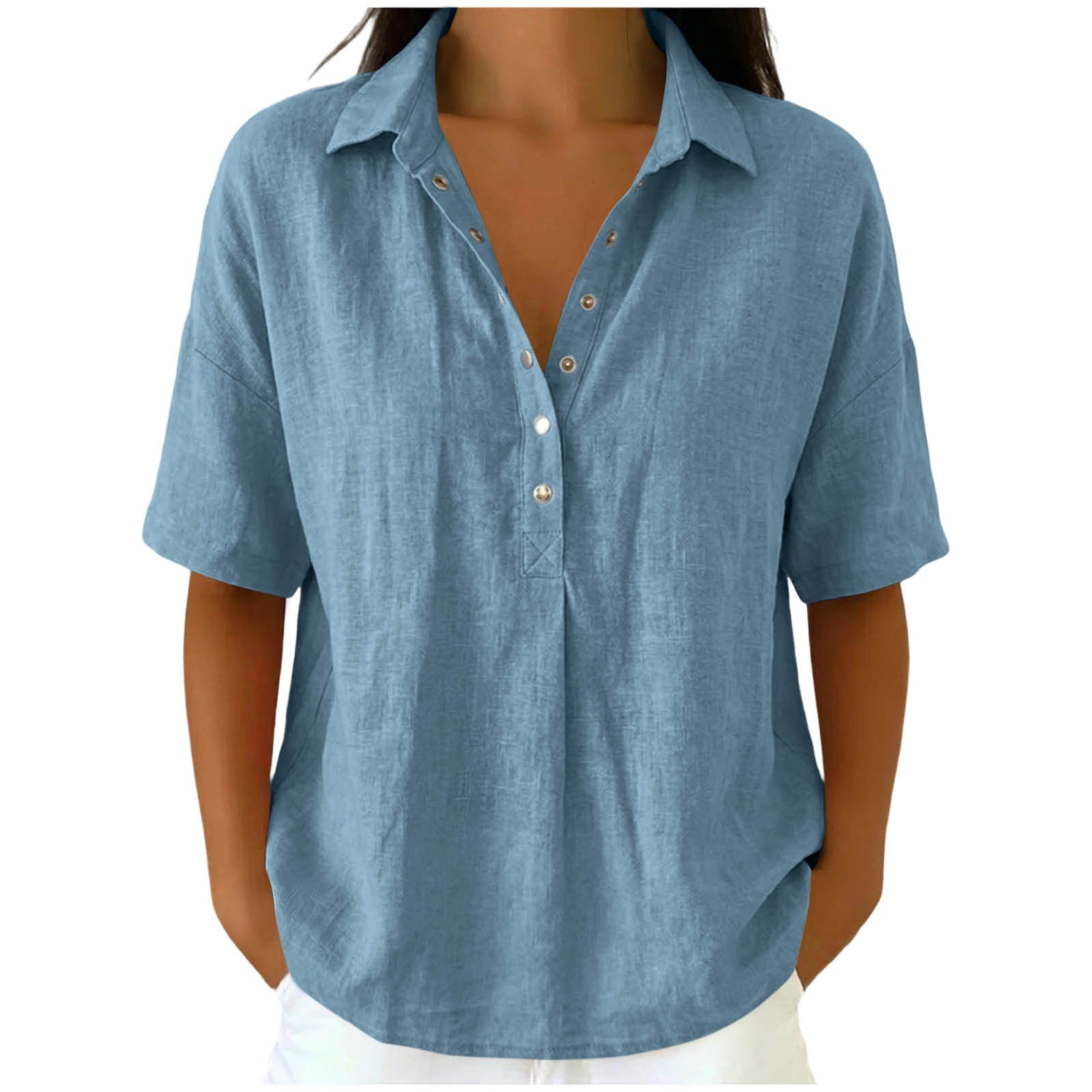 Loose Fit Linen Blend Lapel Short Sleeve Casual Shirt For Women