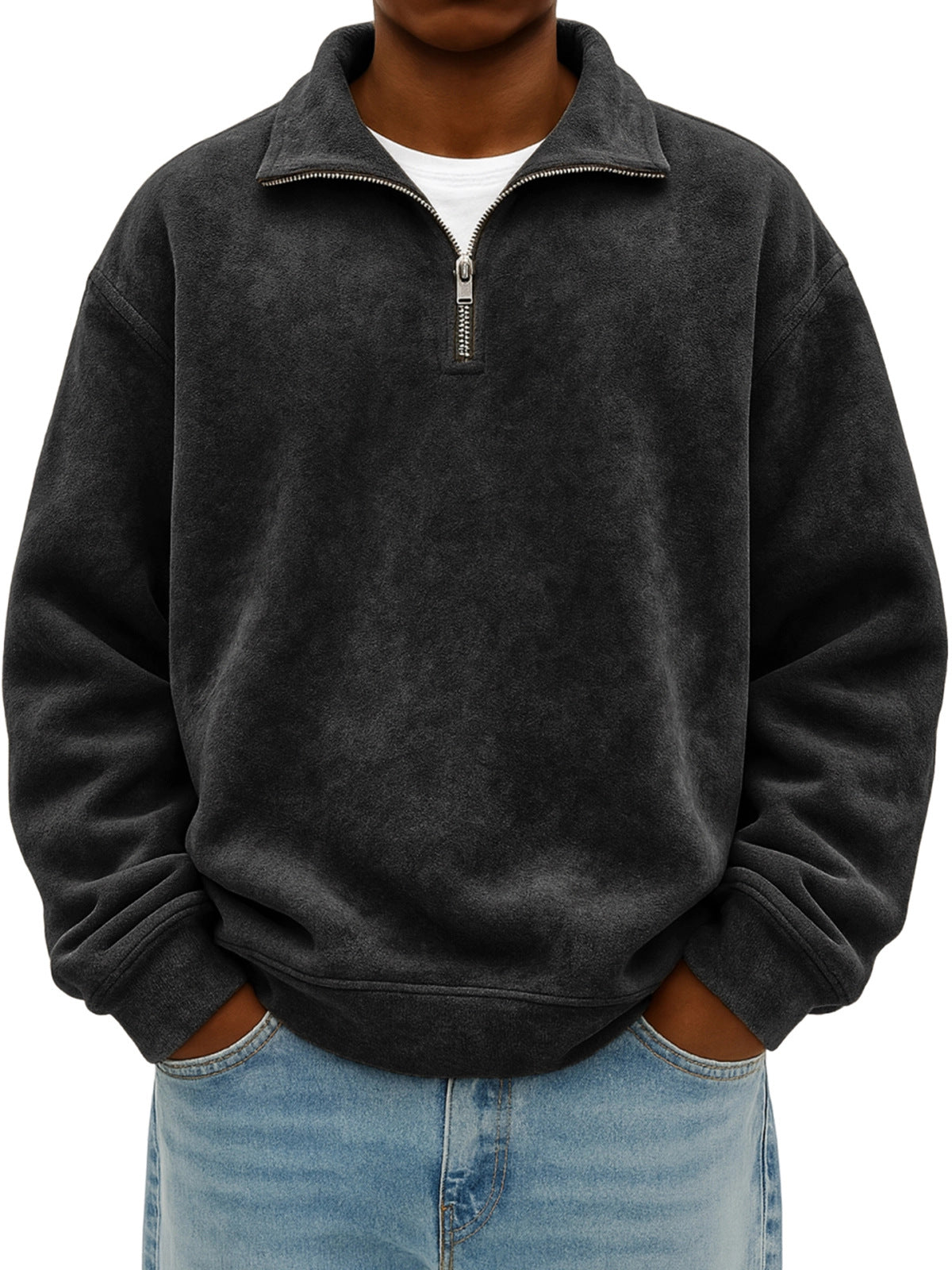 Autumn Men Half Zip Pullover Sweatshirt Soft Fleece Casual Loose Fit Top