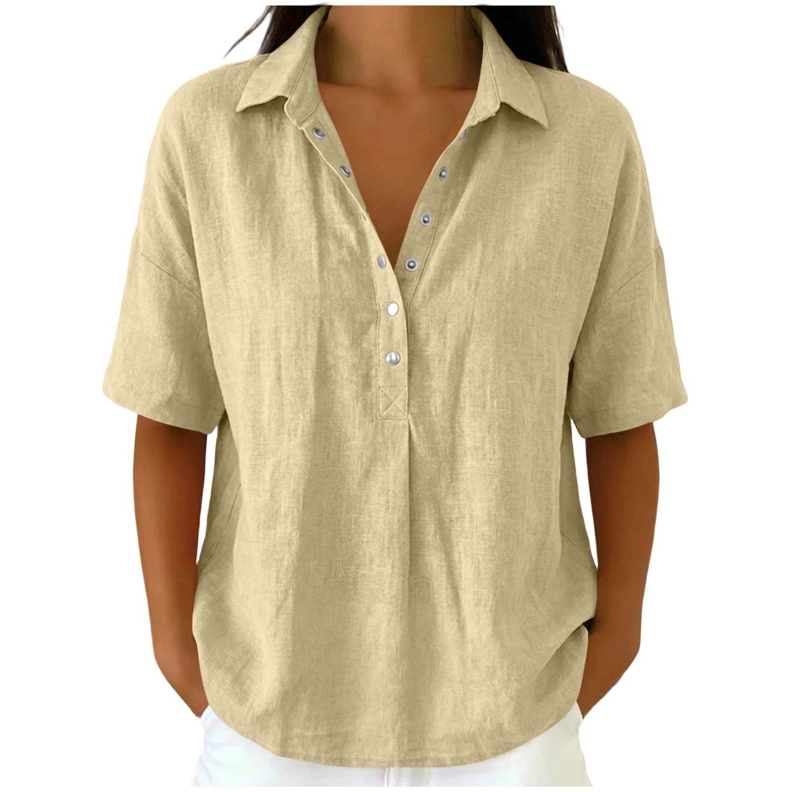Loose Fit Linen Blend Lapel Short Sleeve Casual Shirt For Women