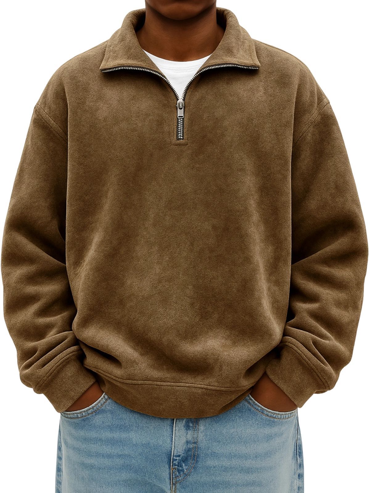 Autumn Men Half Zip Pullover Sweatshirt Soft Fleece Casual Loose Fit Top