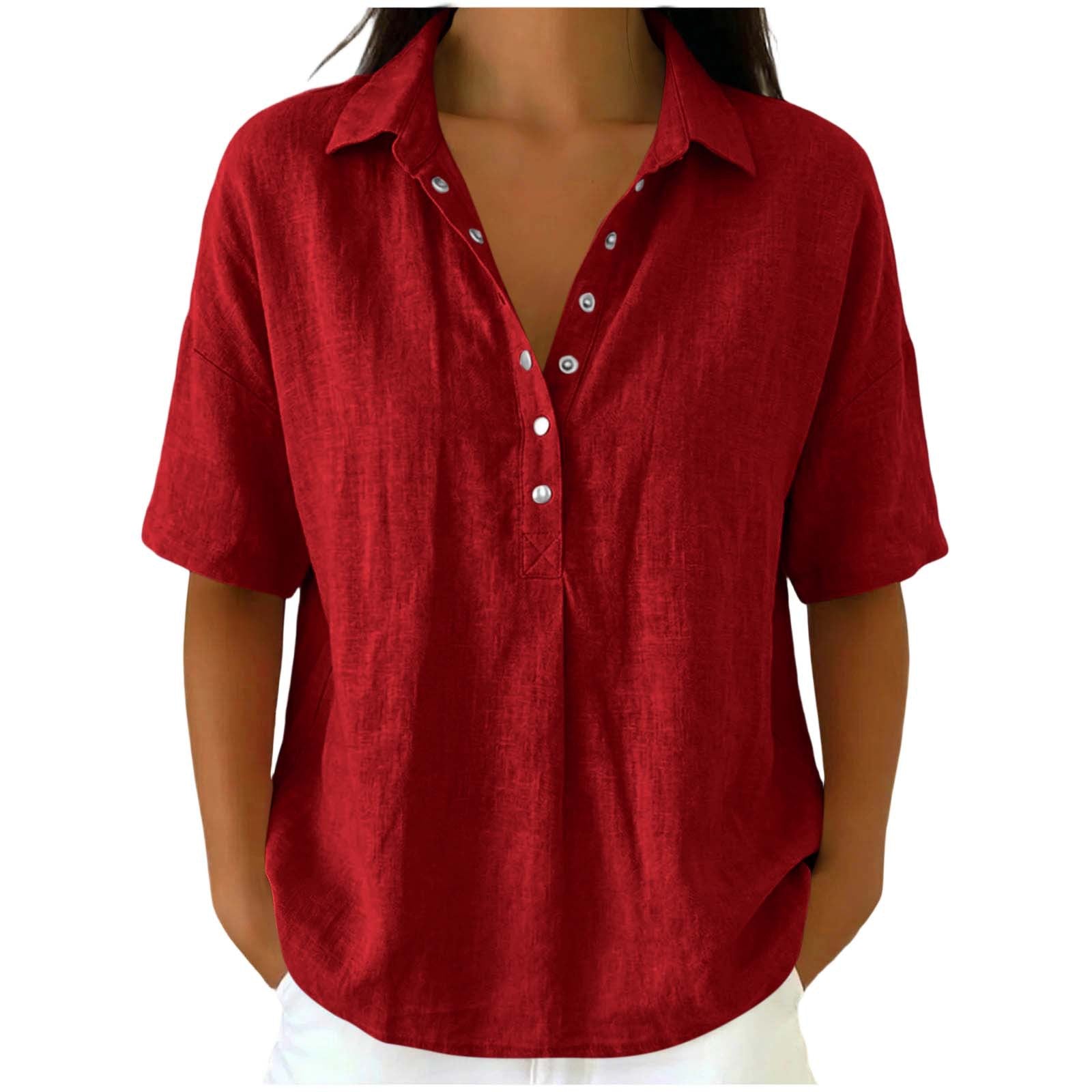 Loose Fit Linen Blend Lapel Short Sleeve Casual Shirt For Women