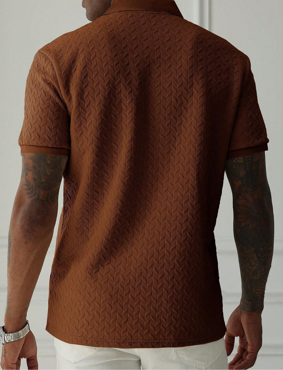 Mens Braided Jacquard Polo Shirt Short Sleeve Lapel Casual Shirts