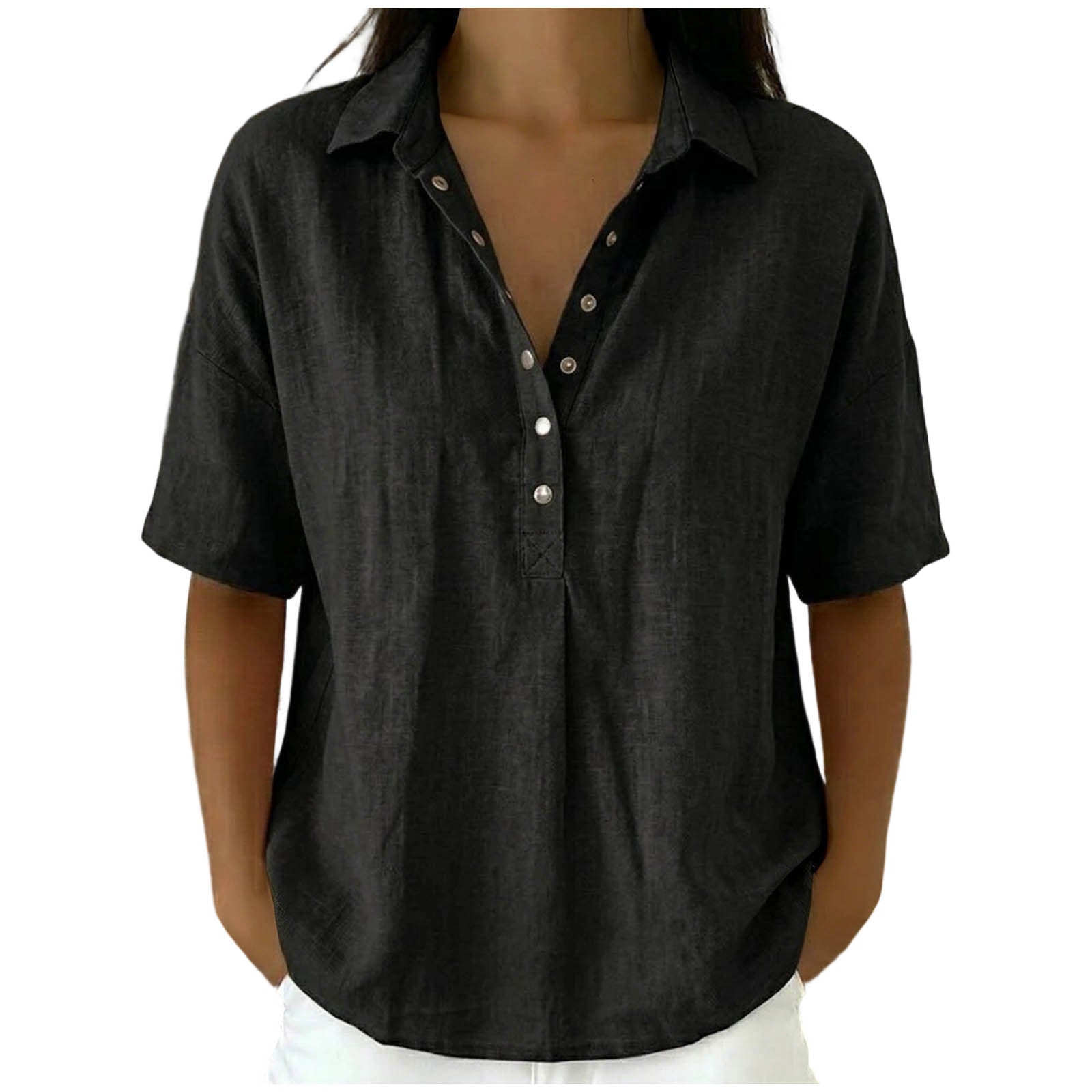 Loose Fit Linen Blend Lapel Short Sleeve Casual Shirt For Women