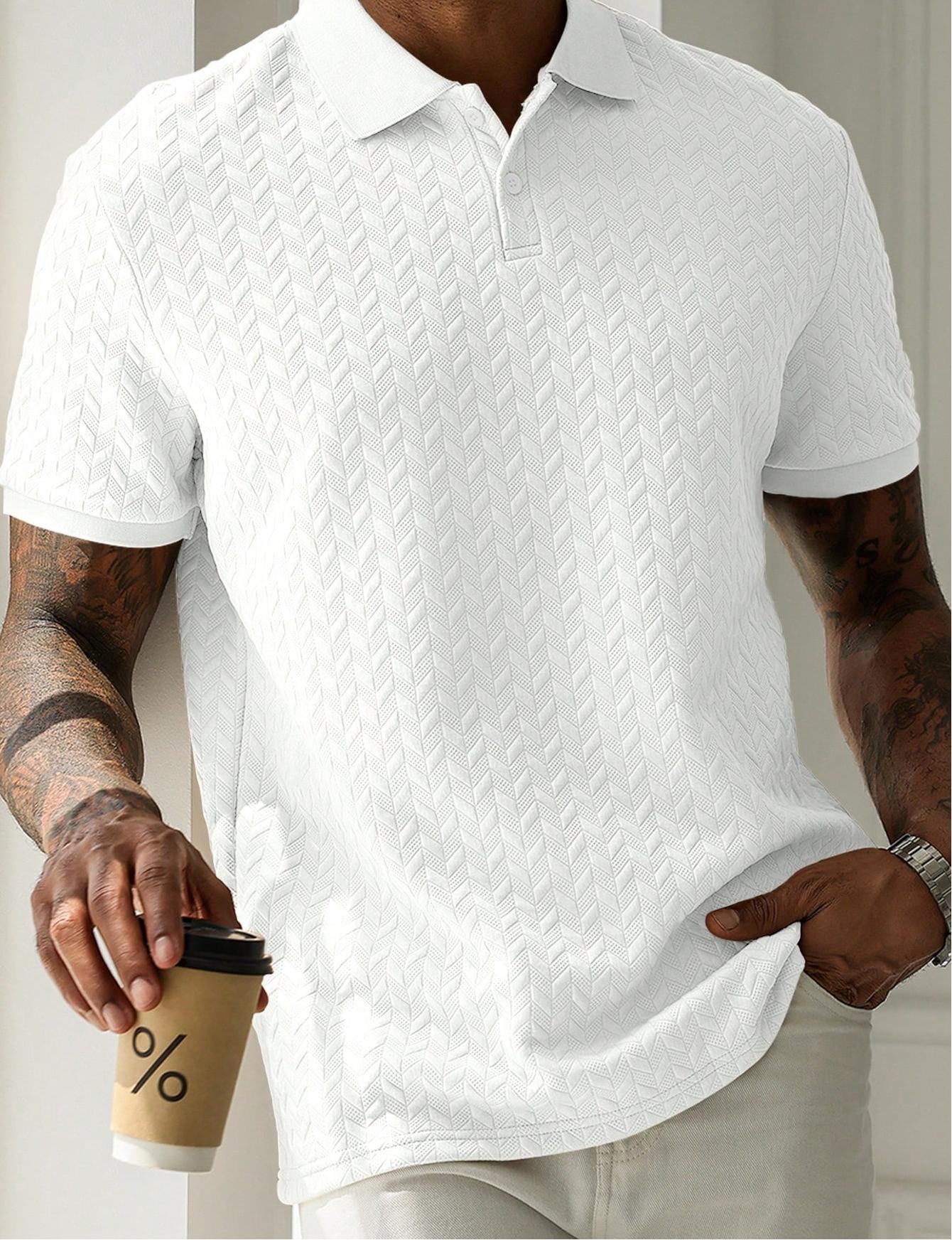 Mens Braided Jacquard Polo Shirt Short Sleeve Lapel Casual Shirts