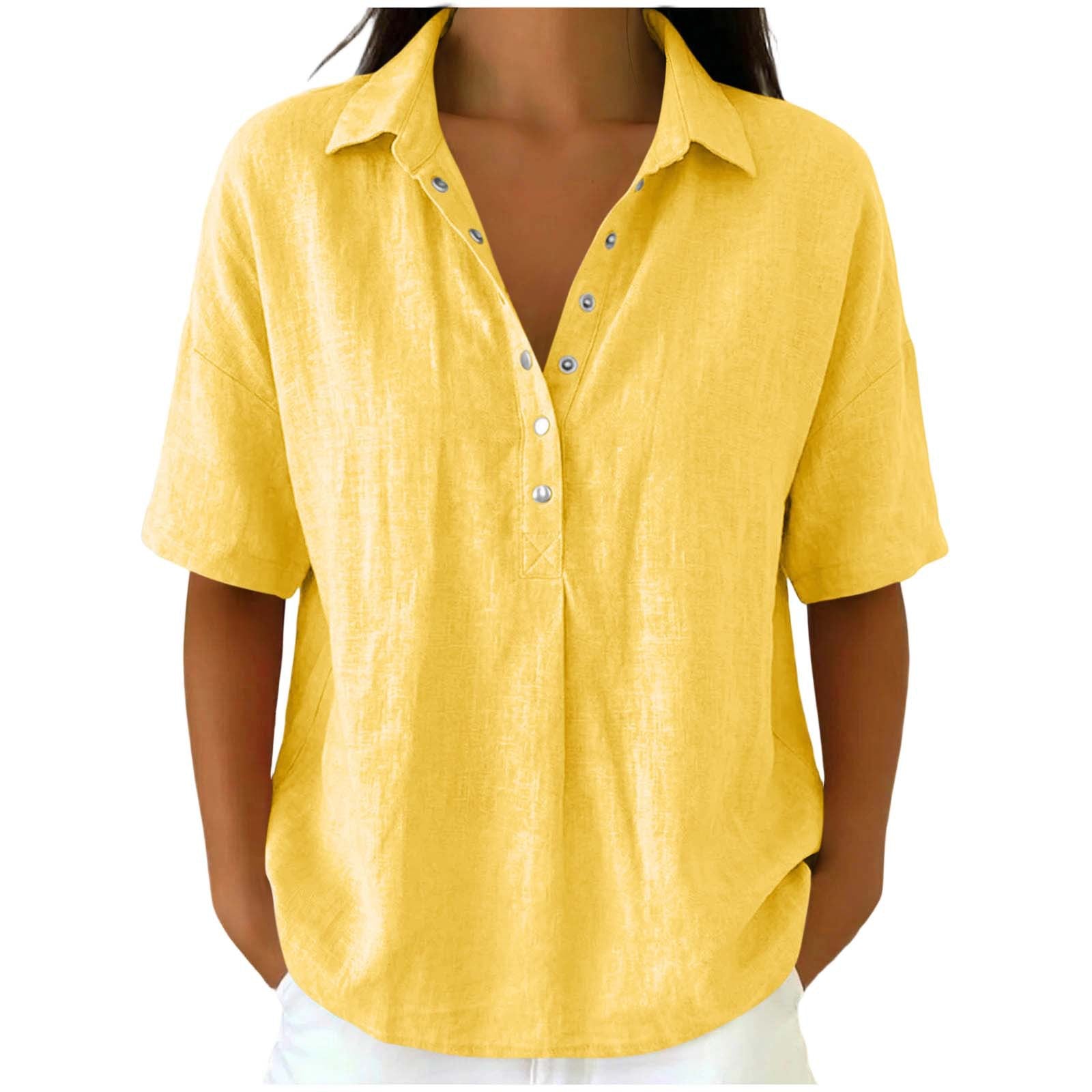 Loose Fit Linen Blend Lapel Short Sleeve Casual Shirt For Women