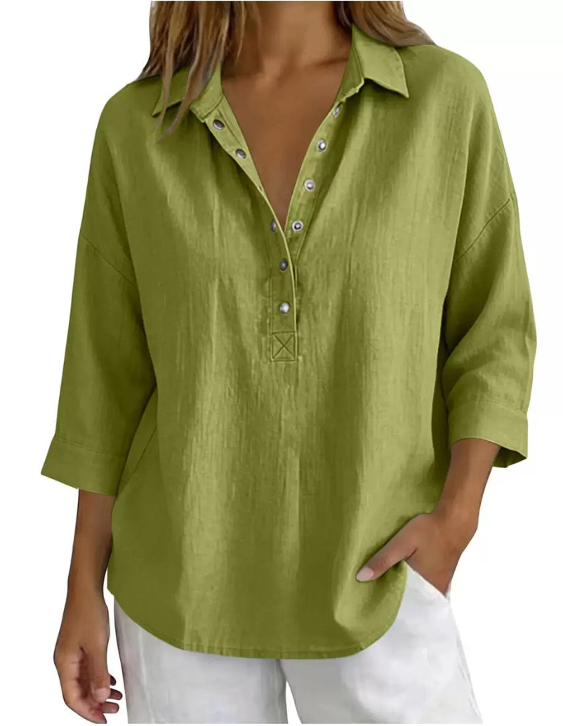 New Arrival🔥 Women's Casual Linen Blend Henley 3/4 Sleeve Shirt