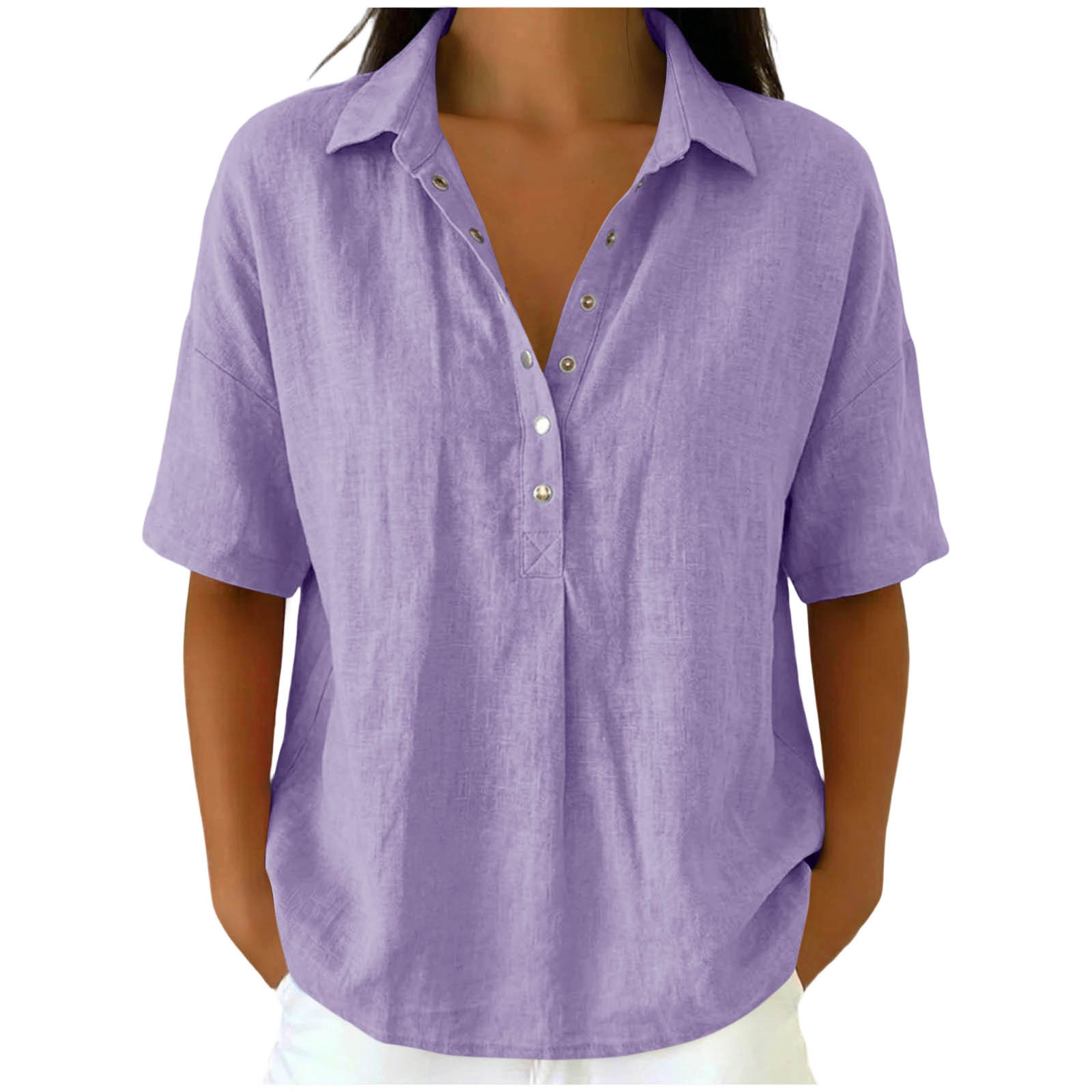Loose Fit Linen Blend Lapel Short Sleeve Casual Shirt For Women
